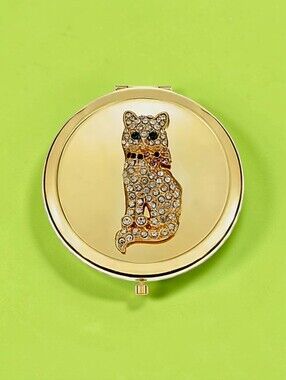 NWT Monet Jewelry Gold Tone Cat Snap Compact Mirror with Box 2.75"